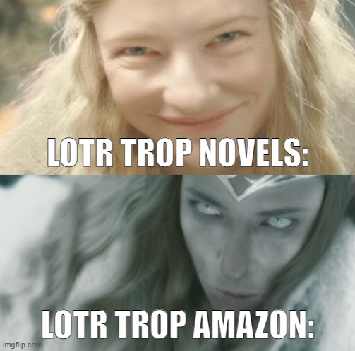 WE FAILED THE RINGS OF POWER! | LOTR TROP NOVELS:; LOTR TROP AMAZON: | image tagged in galadriel two sides,the lord of the rings,lord of the rings | made w/ Imgflip meme maker