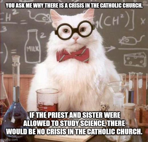 Citizen science |  YOU ASK ME WHY THERE IS A CRISIS IN THE CATHOLIC CHURCH. IF THE PRIEST AND SISTER WERE ALLOWED TO STUDY SCIENCE, THERE WOULD BE NO CRISIS IN THE CATHOLIC CHURCH. | image tagged in cat scientist,citizen science,catholic church,crisis,theology of science,catholic priest | made w/ Imgflip meme maker