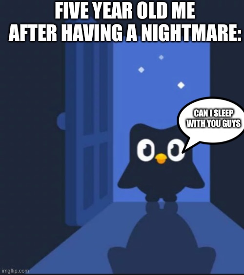 Duolingo bird | FIVE YEAR OLD ME AFTER HAVING A NIGHTMARE:; CAN I SLEEP WITH YOU GUYS | image tagged in duolingo bird | made w/ Imgflip meme maker