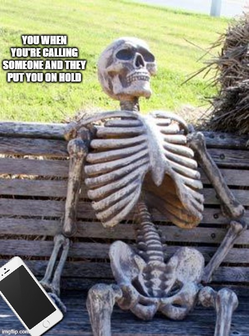 Waiting Skeleton Meme | YOU WHEN YOU'RE CALLING SOMEONE AND THEY PUT YOU ON HOLD | image tagged in memes,waiting skeleton | made w/ Imgflip meme maker