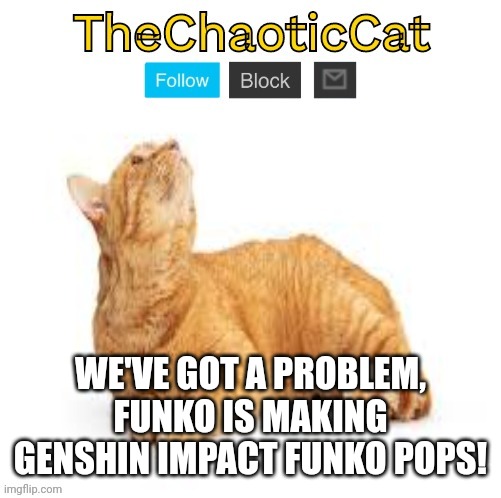 TheChaoticCat temp | WE'VE GOT A PROBLEM, FUNKO IS MAKING GENSHIN IMPACT FUNKO POPS! | image tagged in thechaoticcat temp | made w/ Imgflip meme maker