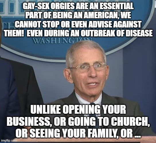 Dr Fauci | GAY-SEX ORGIES ARE AN ESSENTIAL PART OF BEING AN AMERICAN, WE CANNOT STOP OR EVEN ADVISE AGAINST THEM!  EVEN DURING AN OUTBREAK OF DISEASE; UNLIKE OPENING YOUR BUSINESS, OR GOING TO CHURCH, OR SEEING YOUR FAMILY, OR ... | image tagged in dr fauci,ConservativesOnly | made w/ Imgflip meme maker