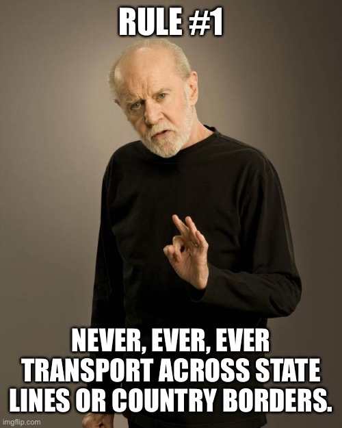 George Carlin | RULE #1 NEVER, EVER, EVER TRANSPORT ACROSS STATE LINES OR COUNTRY BORDERS. | image tagged in george carlin | made w/ Imgflip meme maker