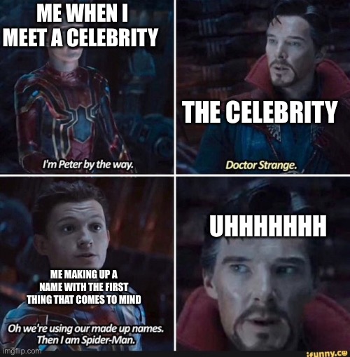 ME WHEN I MEET A CELEBRITY; THE CELEBRITY; UHHHHHHH; ME MAKING UP A NAME WITH THE FIRST THING THAT COMES TO MIND | image tagged in marvel celeb | made w/ Imgflip meme maker