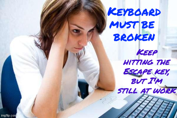 Escape Key | Keyboard
must be 
broken; Keep hitting the Escape key,
but I'm still at work | image tagged in frustrated at computer,work,keyboard,broken,escape | made w/ Imgflip meme maker