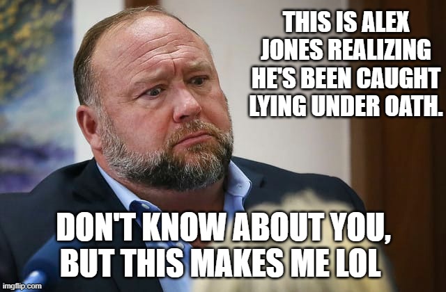 Hope he gets consecutive sentences on every count of perjury    XD | THIS IS ALEX JONES REALIZING HE'S BEEN CAUGHT LYING UNDER OATH. DON'T KNOW ABOUT YOU, BUT THIS MAKES ME LOL | made w/ Imgflip meme maker