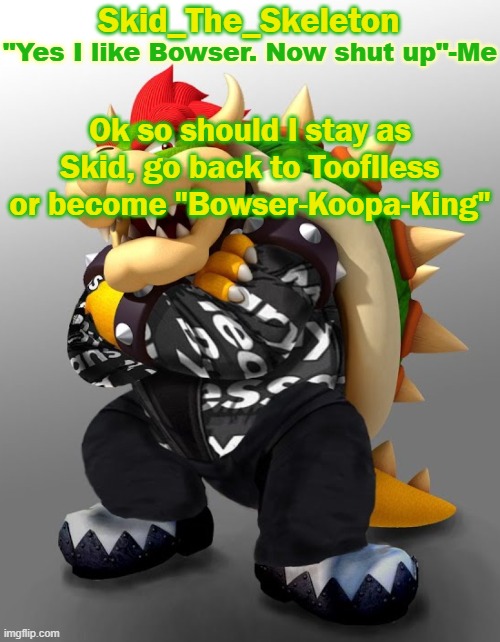 e | Ok so should I stay as Skid, go back to Tooflless or become "Bowser-Koopa-King" | image tagged in skid/toof's drop bowser temp | made w/ Imgflip meme maker