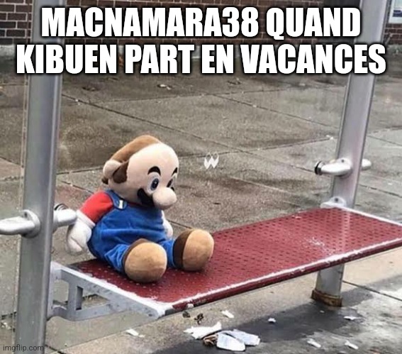 Plush Mario on bus stop | MACNAMARA38 QUAND KIBUEN PART EN VACANCES | image tagged in plush mario on bus stop | made w/ Imgflip meme maker