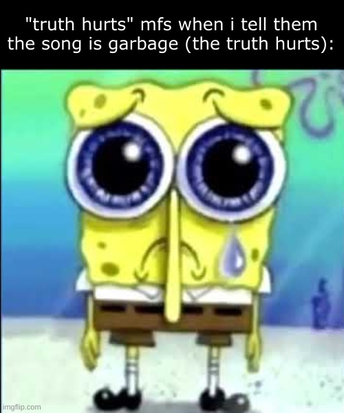 UNFUNNY MEME GO | "truth hurts" mfs when i tell them the song is garbage (the truth hurts): | image tagged in sad spongebob | made w/ Imgflip meme maker