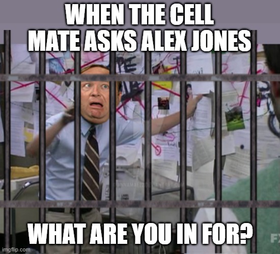 WHEN THE CELL MATE ASKS ALEX JONES; WHAT ARE YOU IN FOR? | image tagged in politic,funny,alex jones | made w/ Imgflip meme maker