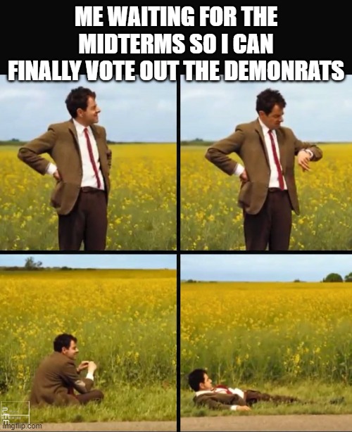 just 3 more months |  ME WAITING FOR THE MIDTERMS SO I CAN FINALLY VOTE OUT THE DEMONRATS | image tagged in mr bean waiting,politics,memes,democrats,voting,elections | made w/ Imgflip meme maker