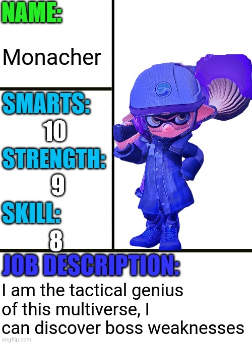 Monacher; 10; 9; 8; I am the tactical genius of this multiverse, I can discover boss weaknesses | made w/ Imgflip meme maker