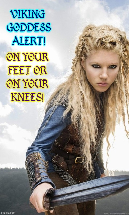 Vikings of Flipville Unite... Norse or American |  VIKING 
GODDESS
ALERT! ON YOUR
FEET OR
ON YOUR
KNEES! | image tagged in vince vance,vikings,memes,beautiful girls,blonds,blondes | made w/ Imgflip meme maker