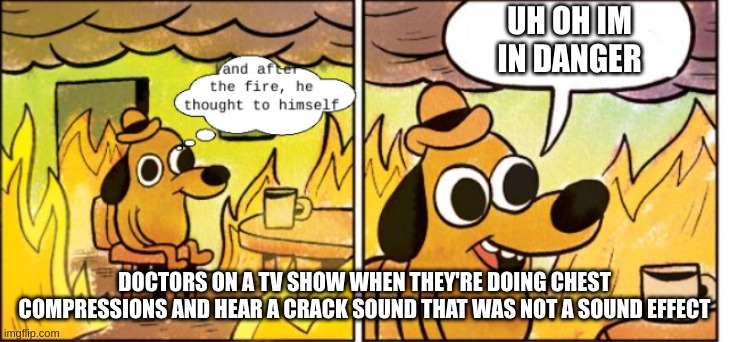and after the fire he thought to himself | UH OH IM IN DANGER; DOCTORS ON A TV SHOW WHEN THEY'RE DOING CHEST COMPRESSIONS AND HEAR A CRACK SOUND THAT WAS NOT A SOUND EFFECT | image tagged in and after the fire he thought to himself | made w/ Imgflip meme maker