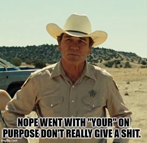 Tommy Lee Jones, No Country.. | NOPE WENT WITH "YOUR" ON PURPOSE DON'T REALLY GIVE A SHIT. | image tagged in tommy lee jones no country | made w/ Imgflip meme maker