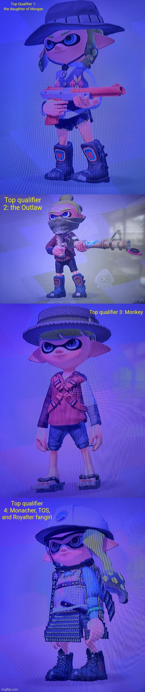 The top qualifiers for the replacement of Morgan | Top Qualifier 1: the daughter of Morgan; Top qualifier 2: the Outlaw; Top qualifier 3: Monkey; Top qualifier 4: Monacher, TOS, and Royalter fangirl | made w/ Imgflip meme maker