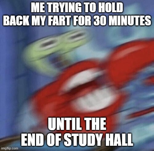Mr Krabs Choking | ME TRYING TO HOLD BACK MY FART FOR 30 MINUTES; UNTIL THE END OF STUDY HALL | image tagged in mr krabs choking,memes,funny memes,fun | made w/ Imgflip meme maker