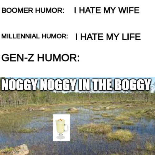 Gen z humor | NOGGY NOGGY IN THE BOGGY | image tagged in boomer humor millennial humor gen-z humor | made w/ Imgflip meme maker