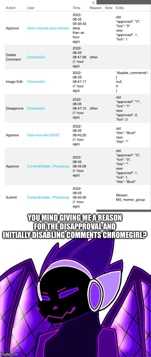 Wasn’t online so I didn’t see it | YOU MIND GIVING ME A REASON FOR THE DISAPPROVAL AND INITIALLY DISABLING COMMENTS CHROMEGIRL? | made w/ Imgflip meme maker