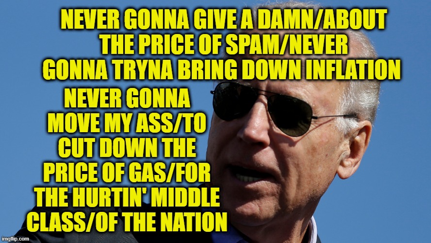 Biden Does Riff on Rick Astley's "Never Gonna Give You Up" | NEVER GONNA GIVE A DAMN/ABOUT THE PRICE OF SPAM/NEVER GONNA TRYNA BRING DOWN INFLATION; NEVER GONNA MOVE MY ASS/TO CUT DOWN THE PRICE OF GAS/FOR THE HURTIN' MIDDLE CLASS/OF THE NATION | image tagged in joe biden,rick astley | made w/ Imgflip meme maker