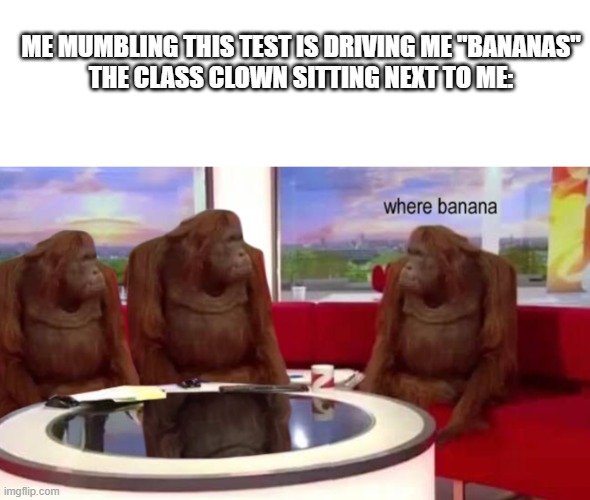 wer bana | ME MUMBLING THIS TEST IS DRIVING ME "BANANAS"
THE CLASS CLOWN SITTING NEXT TO ME: | image tagged in where banana | made w/ Imgflip meme maker