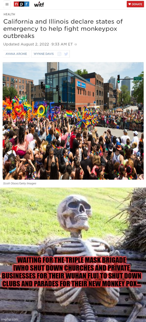 Free preview of November 9th! | WAITING FOR THE TRIPLE MASK BRIGADE [WHO SHUT DOWN CHURCHES AND PRIVATE BUSINESSES FOR THEIR WUHAN FLU] TO SHUT DOWN CLUBS AND PARADES FOR THEIR NEW MONKEY POX... | image tagged in memes,waiting skeleton,get ready for,plandemic,two point zero | made w/ Imgflip meme maker