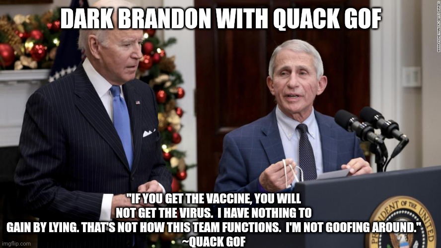 Dark Brandon and Quack GOF | DARK BRANDON WITH QUACK GOF; "IF YOU GET THE VACCINE, YOU WILL NOT GET THE VIRUS.  I HAVE NOTHING TO GAIN BY LYING. THAT'S NOT HOW THIS TEAM FUNCTIONS.  I'M NOT GOOFING AROUND."
~QUACK GOF | image tagged in joe biden,dr fauci | made w/ Imgflip meme maker