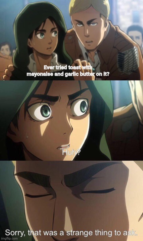 Attack On Titan | Ever tried toast with mayonaise and garlic butter on it? | image tagged in strange question attack on titan,aot,attack on titan | made w/ Imgflip meme maker