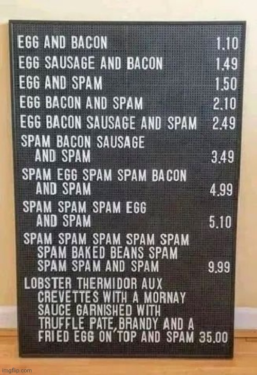 I'll have the spam spam spam and spam | image tagged in spam,monty python | made w/ Imgflip meme maker