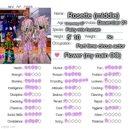 I’ll put a better image in comments ( her with her gb and glitch) | Rosette (middle); 18 (turning 19); December 21; Fairy mix human; 5’ 10; No; Part time circus actor; Flower (my main OC) | image tagged in oc card template | made w/ Imgflip meme maker
