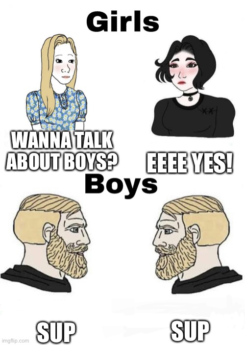 Girls be like | WANNA TALK ABOUT BOYS? EEEE YES! SUP; SUP | image tagged in girls vs boys | made w/ Imgflip meme maker