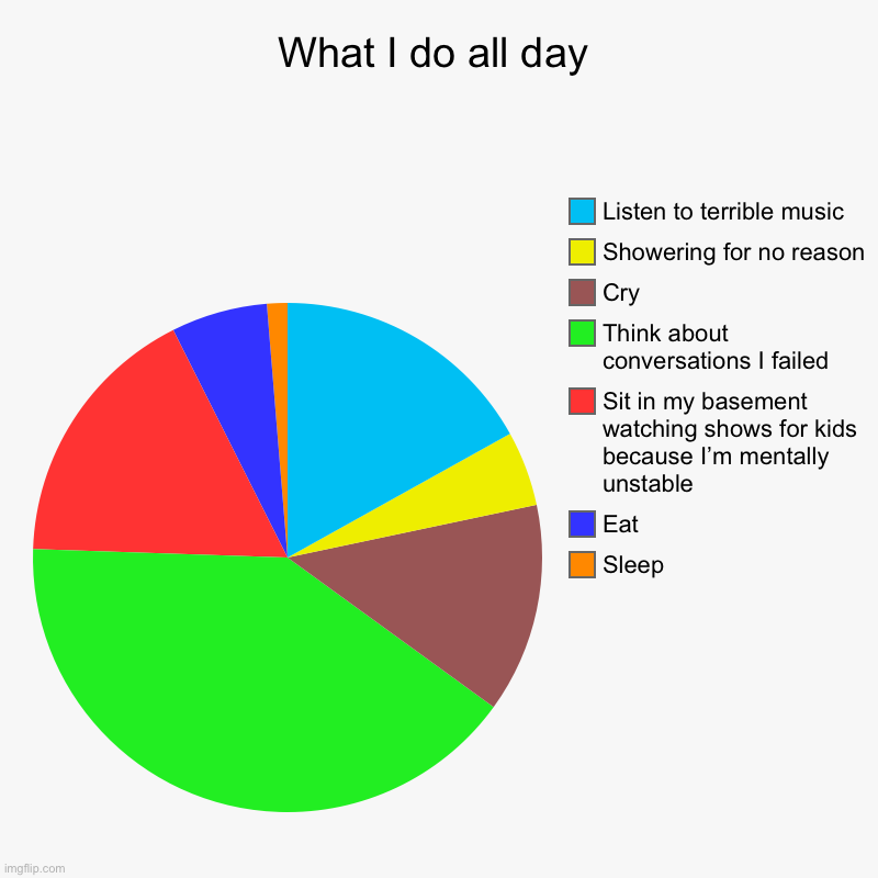 Ah yes, severe depression | What I do all day | Sleep, Eat, Sit in my basement watching shows for kids because I’m mentally unstable, Think about conversations I failed | image tagged in depression,depression sadness hurt pain anxiety,pie charts,yay,sadness,hide the pain | made w/ Imgflip chart maker