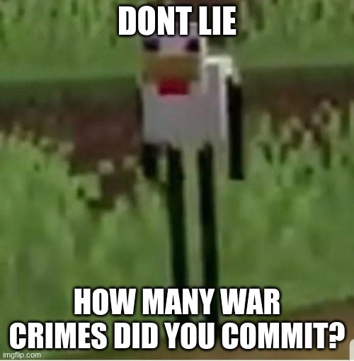 Dont lie | DONT LIE; HOW MANY WAR CRIMES DID YOU COMMIT? | image tagged in cursed minecraft chicken | made w/ Imgflip meme maker