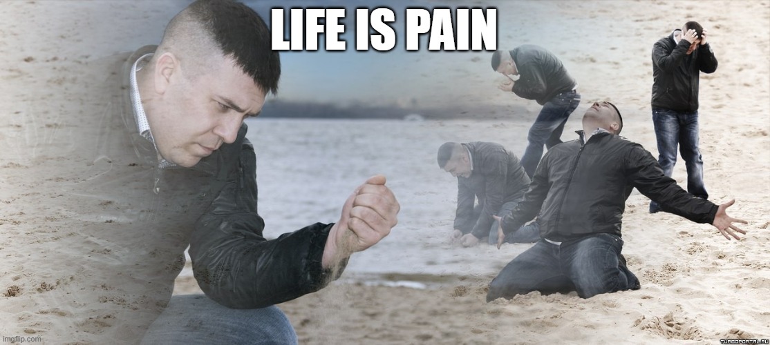 Guy with sand in the hands of despair | LIFE IS PAIN | image tagged in guy with sand in the hands of despair | made w/ Imgflip meme maker