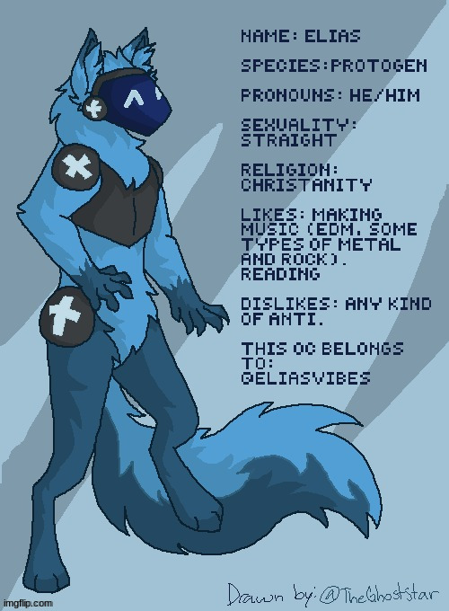 *laughs in polysexual with a straight sona* (artist on bottom right) | image tagged in elias ref sheet | made w/ Imgflip meme maker