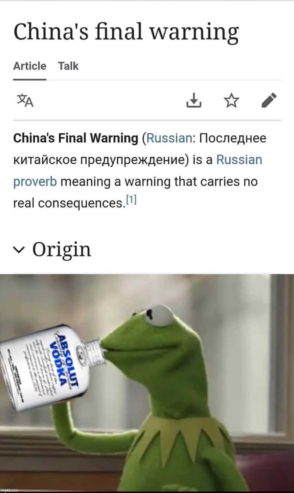 image tagged in china s final warning,kermit vodka | made w/ Imgflip meme maker