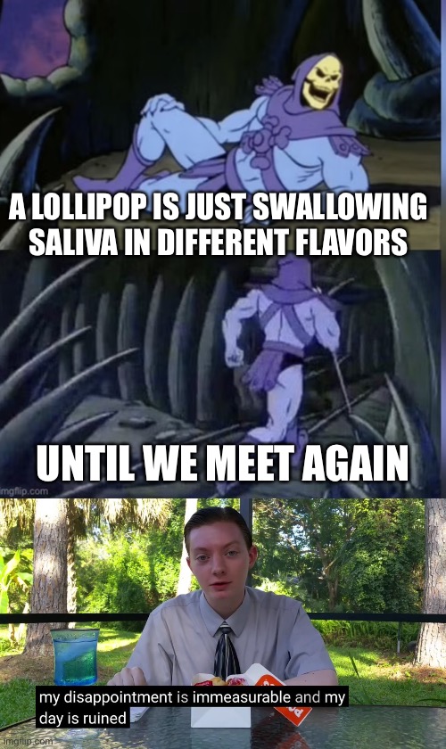 A LOLLIPOP IS JUST SWALLOWING SALIVA IN DIFFERENT FLAVORS; UNTIL WE MEET AGAIN | image tagged in skeltor facts,my disappointment is immeasurable | made w/ Imgflip meme maker