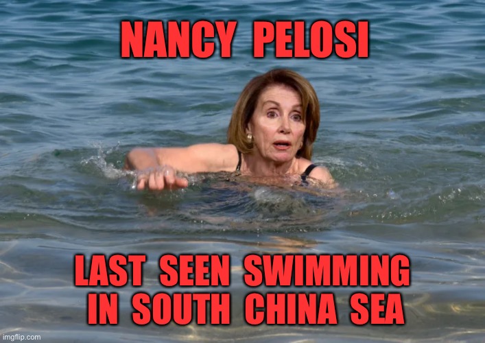 Nancy Pelosi | NANCY  PELOSI; LAST  SEEN  SWIMMING  IN  SOUTH  CHINA  SEA | image tagged in nancy pelosi,last seen,swimming,south china sea,politics | made w/ Imgflip meme maker