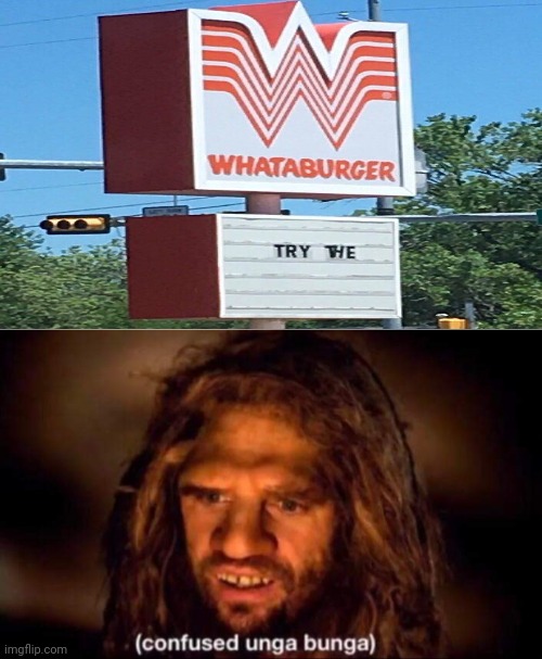 Try The | image tagged in confused unga bunga,whataburger,funny,memes,you had one job,visible confusion | made w/ Imgflip meme maker