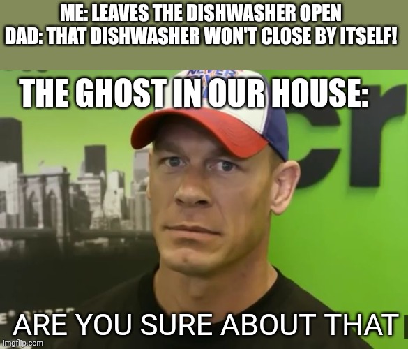 Meme #74 | ME: LEAVES THE DISHWASHER OPEN
DAD: THAT DISHWASHER WON'T CLOSE BY ITSELF! THE GHOST IN OUR HOUSE:; ARE YOU SURE ABOUT THAT | image tagged in john cena - are you sure about that,ghosts,dishwasher,dads,memes,funny | made w/ Imgflip meme maker