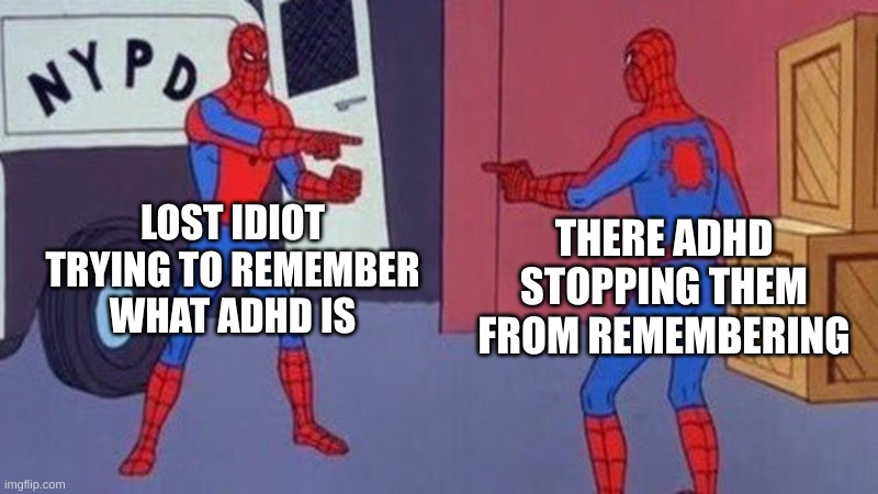 spiderman pointing at spiderman | LOST IDIOT TRYING TO REMEMBER WHAT ADHD IS THERE ADHD STOPPING THEM FROM REMEMBERING | image tagged in spiderman pointing at spiderman | made w/ Imgflip meme maker