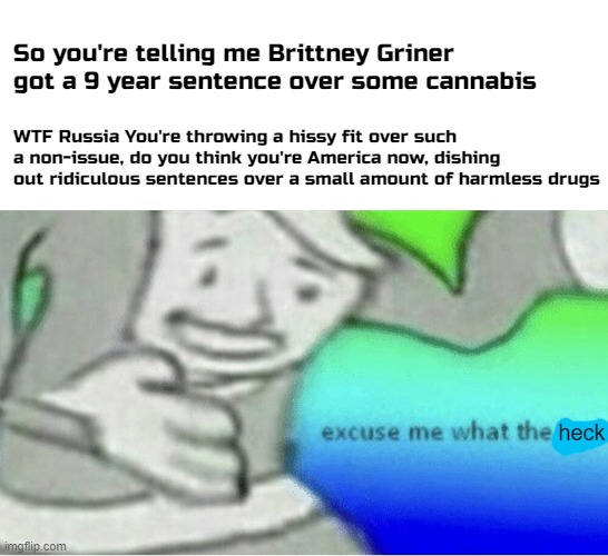 Alright it seems like I'm the only one to give this poor girl any empathy. Both the Right and left seem to be ragging on her | So you're telling me Brittney Griner got a 9 year sentence over some cannabis; WTF Russia You're throwing a hissy fit over such a non-issue, do you think you're America now, dishing out ridiculous sentences over a small amount of harmless drugs; heck | image tagged in excuse me wtf blank template,brittney griner,russia,usa | made w/ Imgflip meme maker