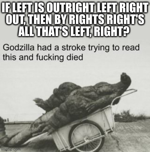 godzilla dies trying to read | IF LEFT IS OUTRIGHT LEFT RIGHT
OUT, THEN BY RIGHTS RIGHT'S
ALL THAT'S LEFT, RIGHT? | image tagged in godzilla dies trying to read | made w/ Imgflip meme maker
