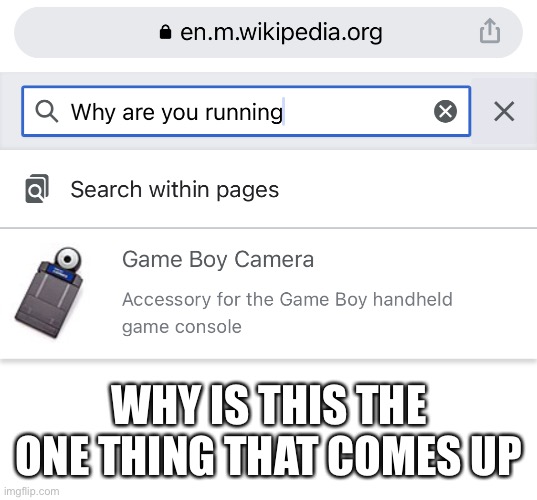 Why are you running, Wikipedia? | WHY IS THIS THE ONE THING THAT COMES UP | image tagged in wikipedia,gameboy,why | made w/ Imgflip meme maker