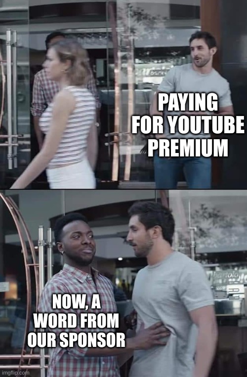 Title (kitty: true :( ) | PAYING FOR YOUTUBE PREMIUM; NOW, A WORD FROM OUR SPONSOR | image tagged in black guy stopping,youtube,youtube premium,why are you reading this,oh wow are you actually reading these tags | made w/ Imgflip meme maker