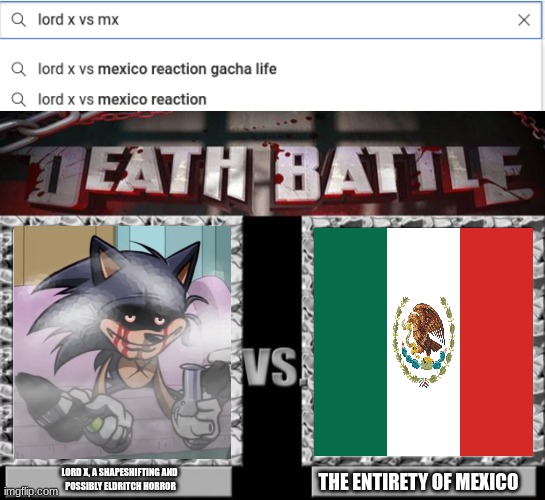 LORD X, A SHAPESHIFTING AND 
POSSIBLY ELDRITCH HORROR; THE ENTIRETY OF MEXICO | made w/ Imgflip meme maker