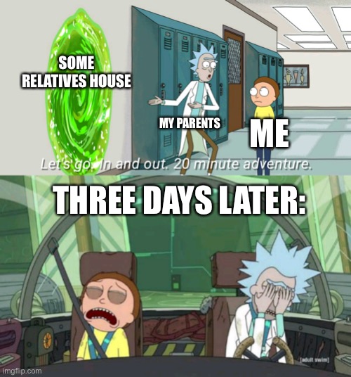 20 minute adventure rick morty | SOME RELATIVES HOUSE; MY PARENTS; ME; THREE DAYS LATER: | image tagged in 20 minute adventure rick morty | made w/ Imgflip meme maker