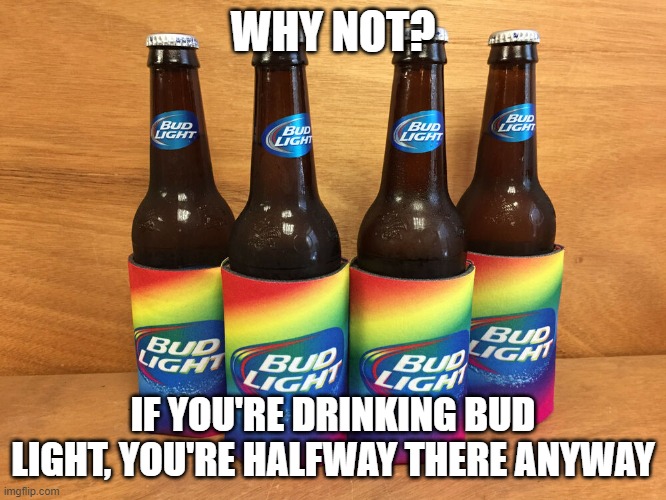 Bud Light LGBTQ | WHY NOT? IF YOU'RE DRINKING BUD LIGHT, YOU'RE HALFWAY THERE ANYWAY | image tagged in beer,bud light,lgbtq | made w/ Imgflip meme maker