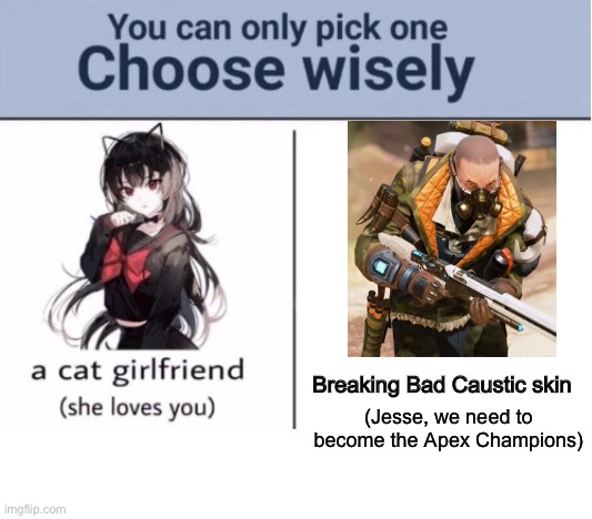 Choose wisely | (Jesse, we need to become the Apex Champions); Breaking Bad Caustic skin | image tagged in choose wisely | made w/ Imgflip meme maker
