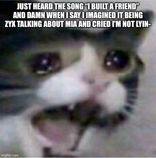 Because of lore stuff Mia may be dying- MAY- M A Y- | JUST HEARD THE SONG “I BUILT A FRIEND” AND DAMN WHEN I SAY I IMAGINED IT BEING ZYX TALKING ABOUT MIA AND CRIED I’M NOT LYIN- | image tagged in crying cat | made w/ Imgflip meme maker